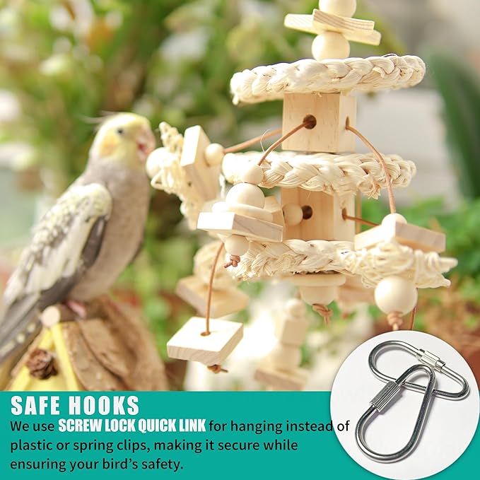 Natural Bird Toys for Quaker Parrot, Lovebird, Parakeet, Cockatiel & Conure – for Chewing, Shredding & Foraging, Corn Husk, Wood & Vine with Leather Cord for Small & Medium Birds