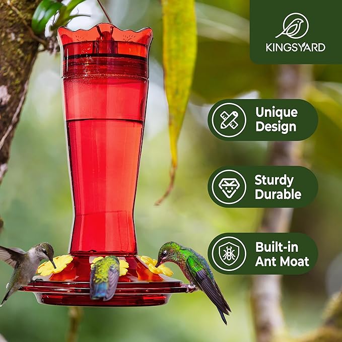 Kingsyard Glass Hummingbird Feeder for Outdoors Hanging, 14 oz Leak-Proof Humming Bird Feeders with Ant Moat & Bee Proof Feeding Ports, Hummingbird Gift for Bird Lovers (Red)