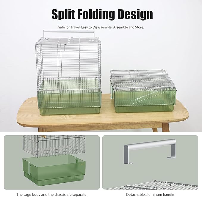 304 Stainless Steel Travel Bird Cage, 17 Inch Foldable Carrier for Conures Cockatiels Grey Parrots Caiques, with Aluminum Handle Perch (Green, Large Birdcage)
