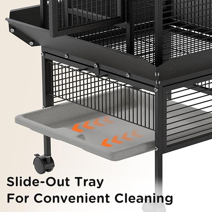 Garvee 60 inch Large Bird Cage with Rolling Stand, Metal Parrot Cage with Play Top & 4 Stainless Steel Bowls, Birdcage Pet House for Conure Cockatiel Parakeet Lovebird, Black