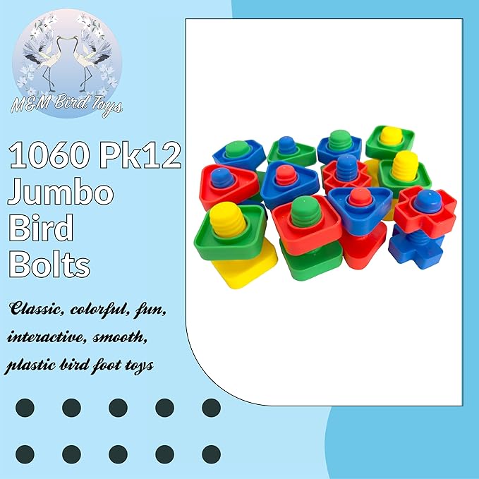 1060 Jumbo Bird Bolt Pk12- Colorful Interactive Big Foot Toys, Classic Toy Design, Assorted Colors and Parts, Great Fun for Med to Large Pet Birds