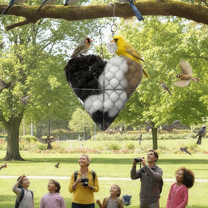 Handmade Fiber Bird Nesting Heart, Refillable Birds Nests Material Holder Heart Shape for Wild Birds, Wool Nest Hummingbird Houses Art Birdhouse Outside Gifts for Birds Lovers (1 Pcs)