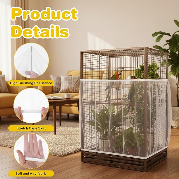 Grevosea 3 Pcs Bird Cage Seed Catcher, Large Bird Cage Cover Stretchy Adjustable Nylon Mesh Birds Cages Net Skirt for Parrot Parakeet Macaw African Round Square Cages Accessories (White)