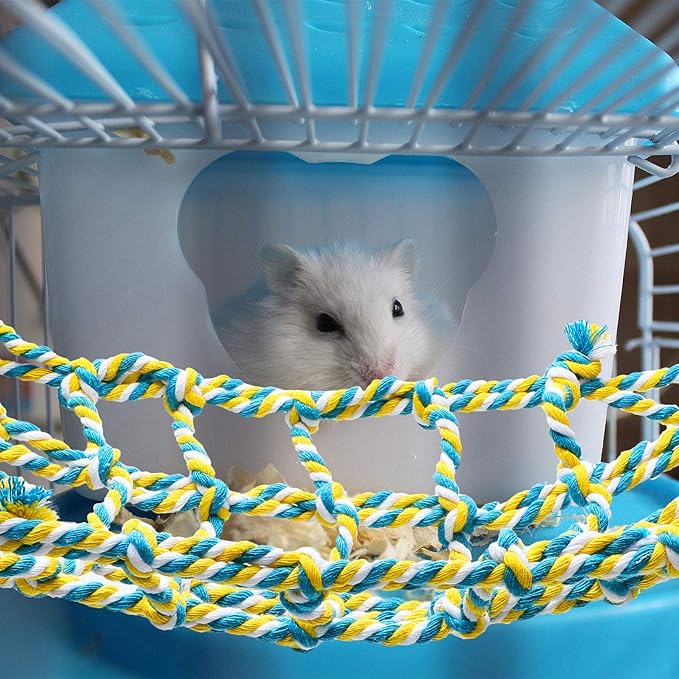 2 Pcs Rat Cage Accessories Rat Climbing Bird Rope Toys Net Pet Hanging Hammock for Hamster, Mice, Parrot, Bird, Sugar Glider, Ferret, Small Animals Habitat Decor and Play(11 x 7.8 Inch,Red, Yellow)