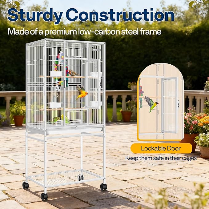 VIVOHOME 54 Inch Wrought Iron Large Bird Flight Cage with Rolling Stand for Parakeets Canaries Cockatiels Lovebirds Conures, White