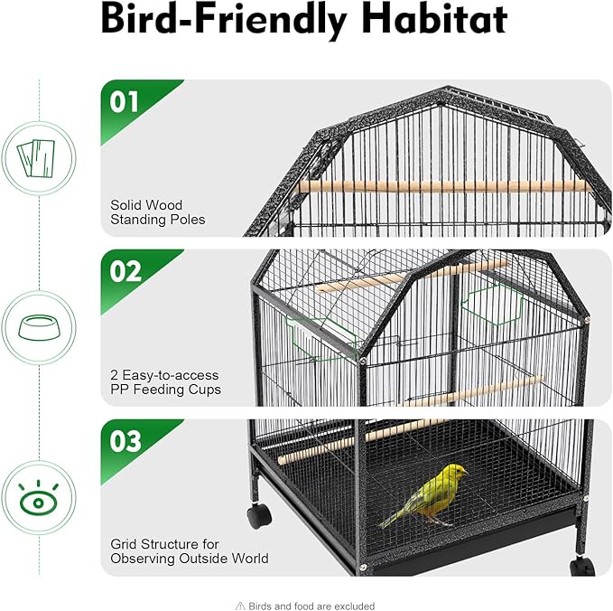 Large Bird Cage with Open-Top Skylight, Rolling Stand and 5 Doors, Movable Parrot Cages Pet Bird Flight Cage, Wrought Iron Flight Cages for Parakeet Cockatiel Lovebird Finche (Black)