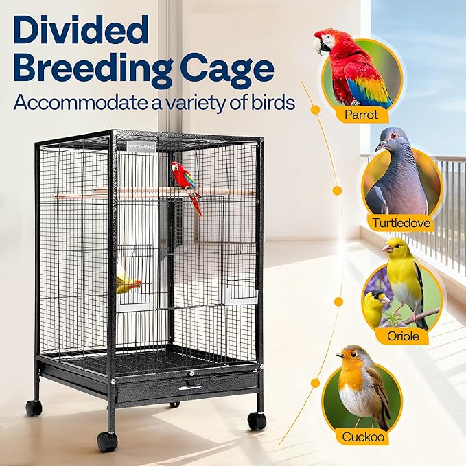 VIVOHOME 30 Inch Height Wrought Iron Bird Cage with Rolling Stand for Conures Lovebirds Cockatiels Finches, Black