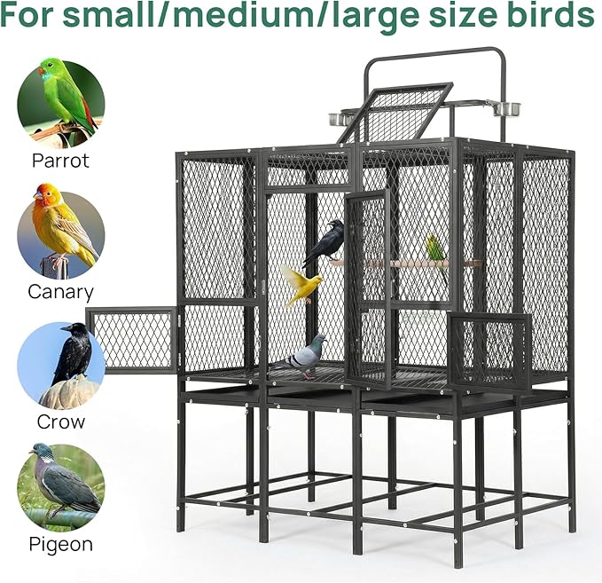 44" W x 65" H Large Bird Cage with Detachable Playtop – Heavy Duty Carbon Steel Flight Cage for Cockatiels, Parakeets, Conures & Lovebirds (Indoor & Outdoor Use)