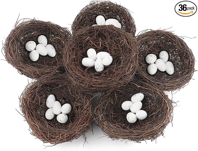 36 Pcs Artificial Bird Nests with Eggs for Crafts,Handmade Natura Rattan Birds Nest for Easter, Wedding, Home, Party, and Christmas Tree Decorations(6Pcs 5.9in Nest 30pcs Eggs)