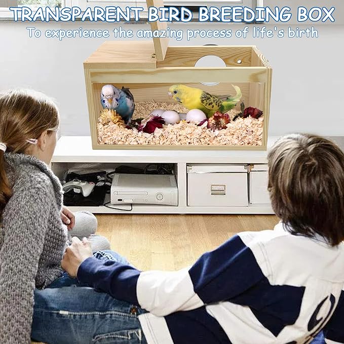 BNOSDM Parakeet Nesting Box Transparent Bird Nest Breeding Box with Perch Wood Bird House for Cage Cockatiel Budgie Lovebirds Conure Finch Parrot Small to Medium Birds (S)