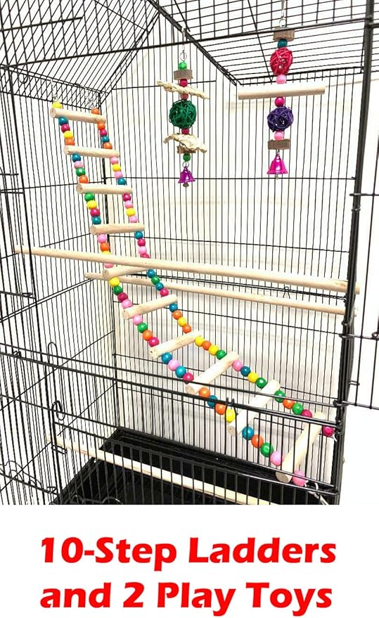 63'' Rolling Standing Bird Cage for Cockatiel Sun Conure Parakeet Finch Budgie Lovebird Canary Pet Bird Cage with Stand (Black with Toy)