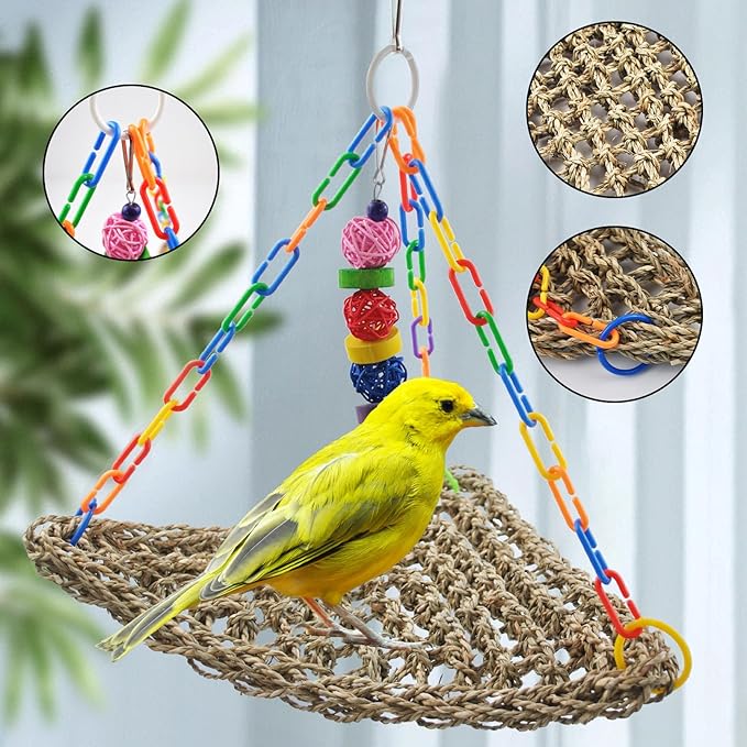 Large Seagrass Mat for Birds,Triangle Cockatiel Seagrass Hammock Natural Woven Sea Grass Mats for Birds,Parrot Foraging Grass Swing Toys for Medium Parakeets Lovebirds Cockatoos