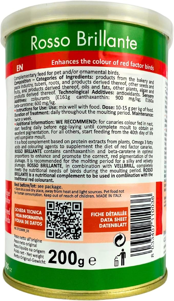 Pineta Rosso Brillante 200g Bird Food for Red Factor Canary and Finch – Canary Food to Enhances Feather Color, Ideal Comida para Pajaritos During Molting and Breeding Seasons