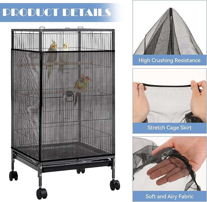 Trinkrittey Large Bird Cage Seed Catcher 31 x 118 inches Adjustable Bird Cage Net Cover Black Bird Cage Cover Elastic Band Mesh Cage Cover Skirt Nylon Mesh for Parakeet Parrot Cages
