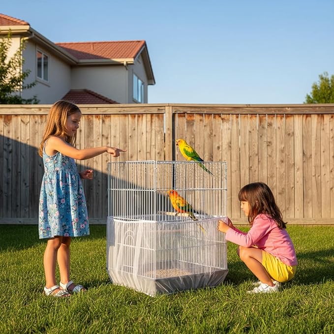 2 Pcs Bird Cage Netting Seed Catcher, Adjustable Skirt Bird Cage Net White Polyester Splash Guard for Parrot Finch Cages