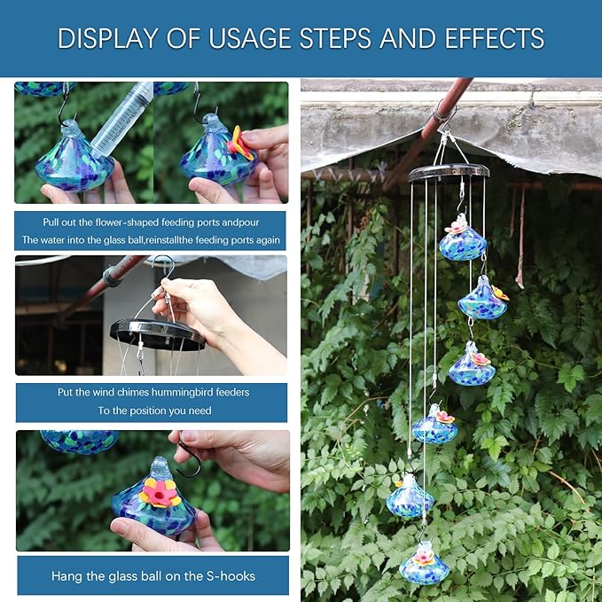 Charming Windchimes Hummingbird Feeders, Unique Hand Blown Glass Multiple Hummingbird Feeders for Outdoors Hanging, Garden Decor for Outside Patio, Water-drop-03