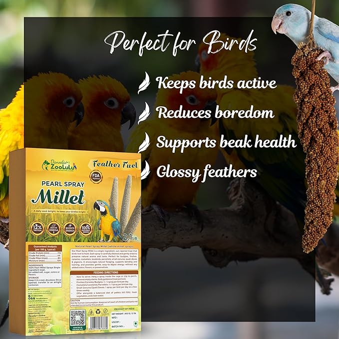 Danodia's Zoolulu Pearl Spray Millet for Birds, 950 g (2 lbs) | All-Natural, Sun-Dried Non-GMO Treats | Hand-Selected for Parakeets/Budgies, Finches, Canaries, Cockatiels & Lovebirds