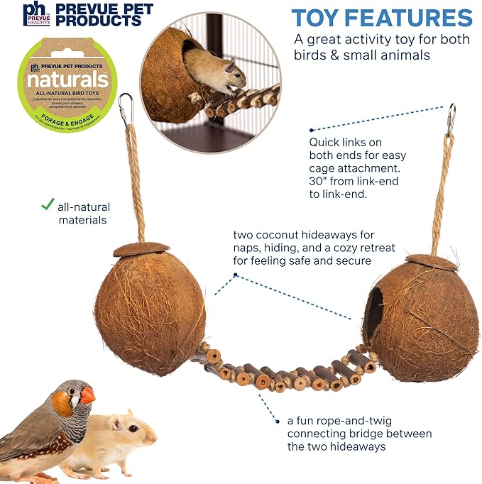 Prevue Pet Products Naturals Double Coconut Walk - Small Animal & Bird Toy, 100% Natural Coconut Hideout, Climbing Bridge & Tunnel for Guinea Pigs, Rabbits, Hamsters, Mice & Birds