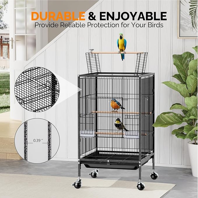 VINGLI 38-inch Bird Cage with Wheels, Durable Wrought Iron Parakeet Cage with Slide Out Tray, Black Bird Cages for Parakeets/Lovebird/Cockatiels/Budgies and Other Small/Medium Birds (Medium-38 inch)