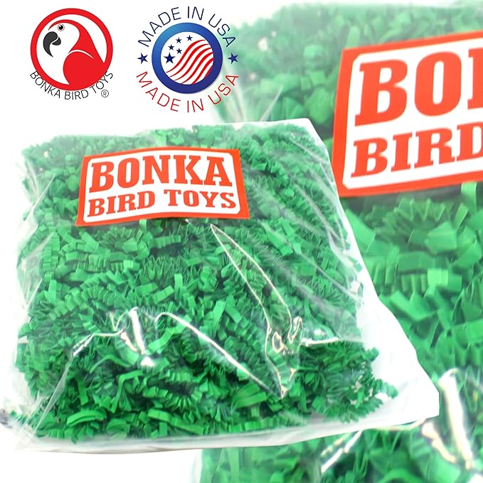 Bonka Bird Toys Colored Crinkle Shred Paper Chew Forage Nesting Treat Natural Multi-Use Craft Part Projects Cockatiels Parakeets Conures Amazons and Other Similar Birds (Green)