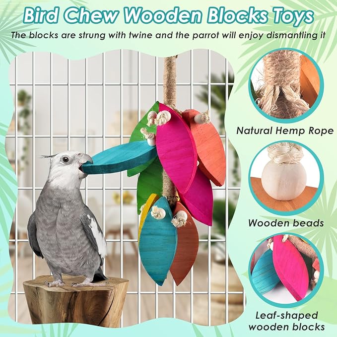 DBNESS 2 Pcs Large Bird Toys, Natural Corn Cob Parrot Chew Toy, Multicolored Leaf-Shaped Chewing Wood Blocks for Large and Medium-Sized Macaws, Cockatoos, Amazon Parrots, African Grey