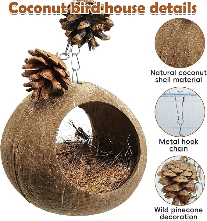 PINVNBY Natural Coconut Shells Bird Nest, Double-Opening Bird House with Coir Fiber Outdoor Hanging Coco Hide Hummingbird Nest for Small-Sized Budgies Canaries and Sugar Gliders
