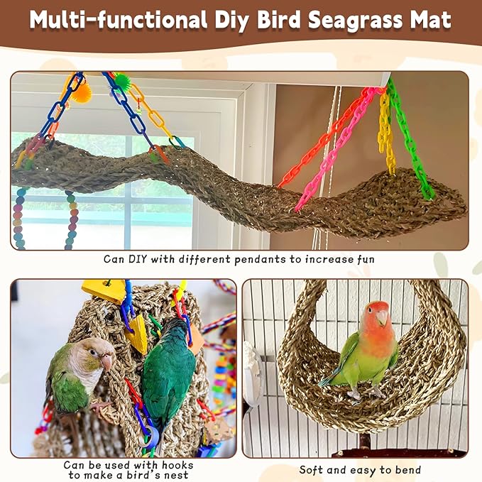 kathson 2 Pcs 29.5 x 7 Inches Large Bird Seagrass Mat, Bird Hammock for cage，Bird Seagrass Woven net，Climbing Rope Ladder with Hooks, Chew Toys for Pigeon Cockatiel Conure Budgie Cockatoo Rat Hamster