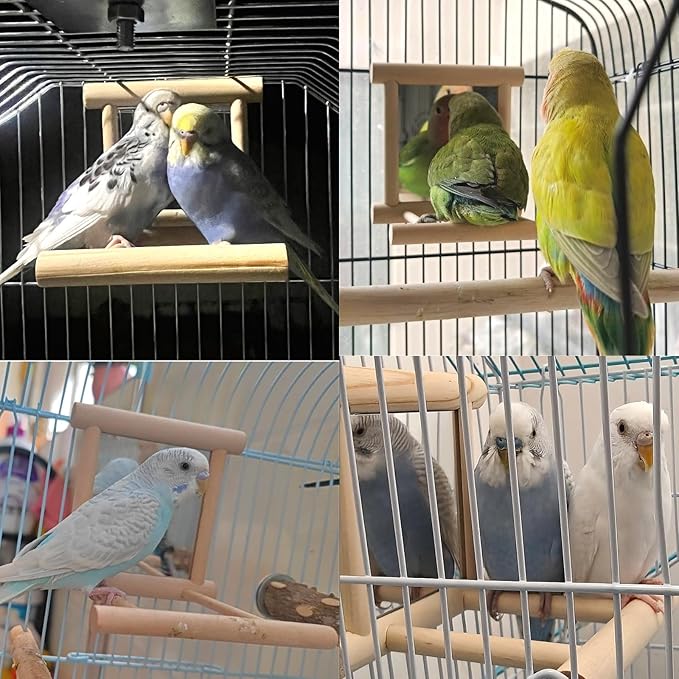 Hamiledyi Bird Mirror Parakeet Mirror Perch Stand Wooden Swing Mirror Toy Cage Accessories for Parrots Budgies Parakeets Cockatiels Lovebirds Finches