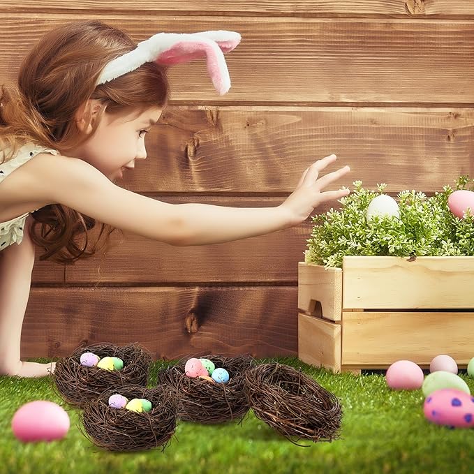 Simgoing 12 Pcs Birds Nests with 100 Pcs Easter Eggs, Mini Artificial Bird Nest for Crafts, Easter, Party, Wedding, Faux Rattan Nest Decorating(3.2 Inch)