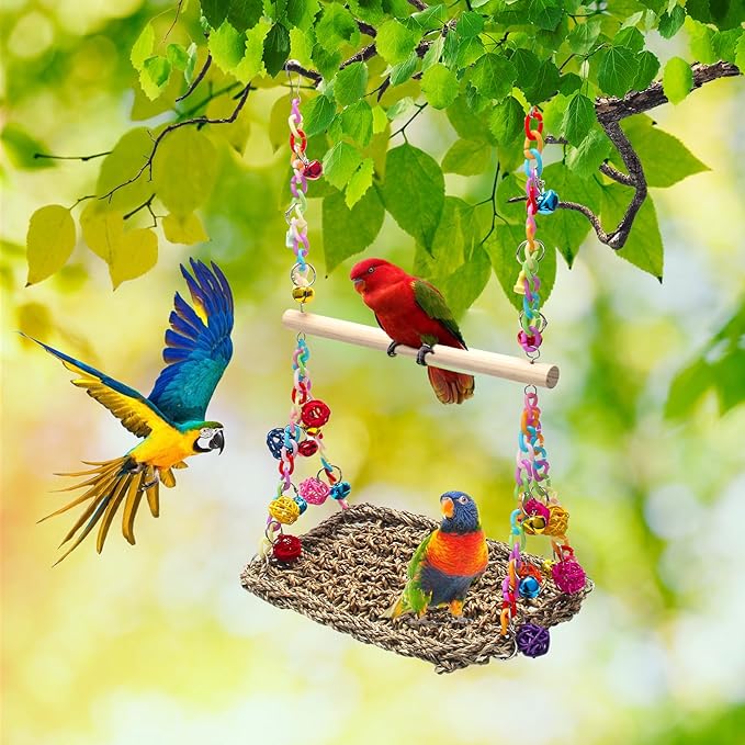 Bird Swing Mat with Wood Perch, AHIER Seagrass Bird Hammock for Conures with Chewing Toy for Parakeets, Budgie, Cockatiel Cage Accessories