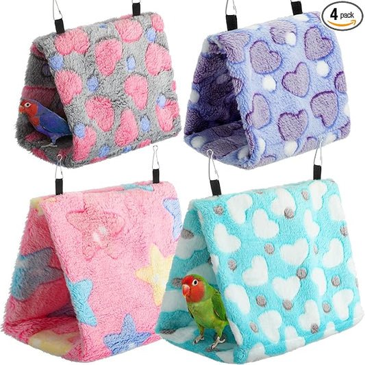 AceOrbit 4 Pcs Winter Warm Bird Nest for Cage Plush Birds Hanging Snuggle Cave 6.7" and 9.5" House Shed Hut Parakeet Sleeping Bed Hammock Fluffy Birds Hideaway Tent for Small Parrot(Lovely,Heart)