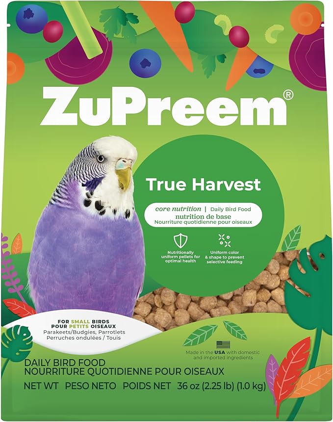 ZuPreem True Harvest Bird Food, Bird Feed Pellets for Parakeets, Budgies, Parrotlets, & Doves, Added Vitamins, Parakeet Food, Budgie Feed, Made in the USA (Small, 2.25 lb Bag)