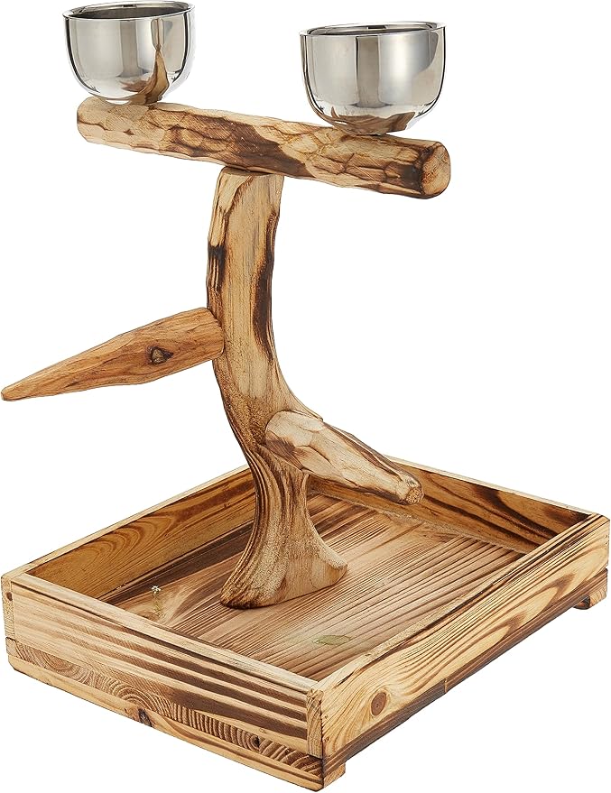 PENN-PLAX Bird-Life Natural Wood Tree Perch for Small and Medium Birds – Includes Food and Water Bowls with Drop Tray – Medium