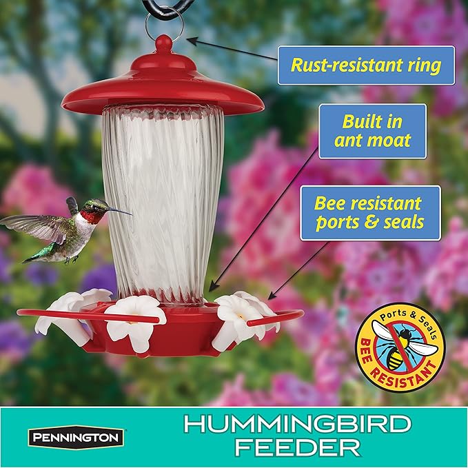 Pennington 32 oz Decorative Glass Hummingbird Feeder, Red