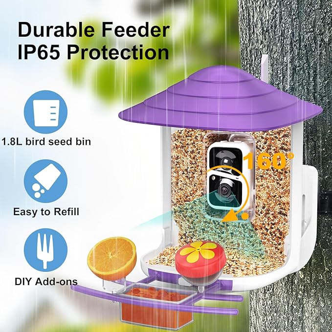birdsnap® TUC Bird Feeder with Camera 2K HD Live with 32GB Card Auto Detect & Notify AI Identify Camera Birds Feeders Solar Powered Wireless Outdoors Backyard Gift for Mom Dad Birds Lover, 2.4G WiFi