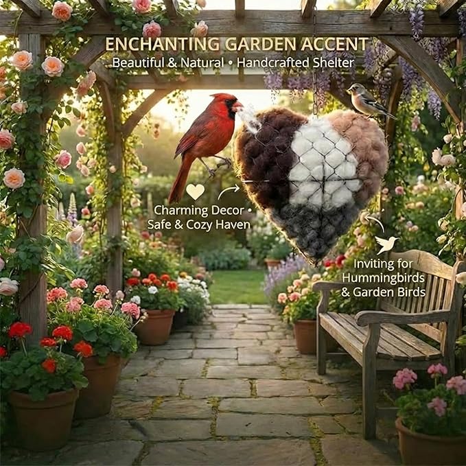 Handmade Alpaca Fiber Bird Nesting Heart, Environmental Protection &Reusable Bird Nesting Materials, Winter Fowl Gifts Animal Hummingbirds Lovers Home Garden Yard (Quantity-1ps)