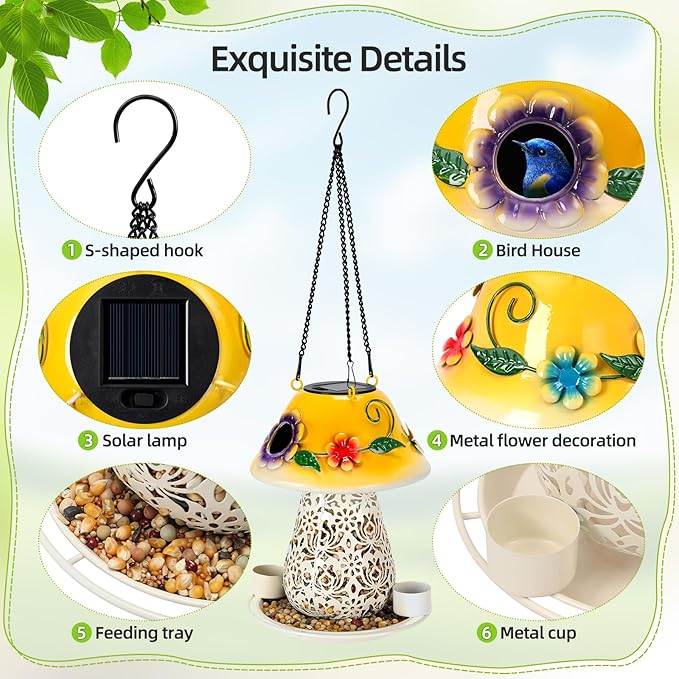Mushroom Solar Bird Feeders for Outdoors Hanging Metal Wild Bird Feeder with S Hook for Garden Decoration Yellow