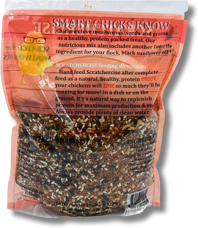 SCRATCHERCISE Premium Chicken Poultry Free-Range Scratch Treat Mix | Wheat, Milo, Peas, Sunflower, Safflower, Flax, Mealworms (5 lbs)