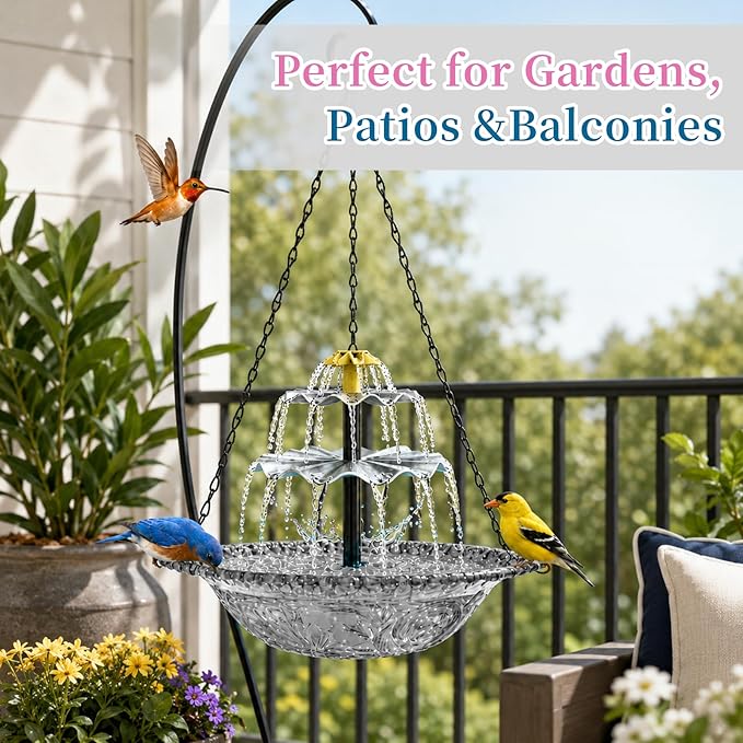 Solar Cascade Hanging Bird Bath Fountain, Large Plastic Bowl with Hanging Chain for Outside Garden Patio and Yard Decor (Gray)