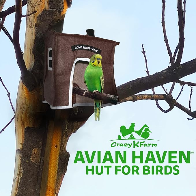 Crazy K Farm- Avian Haven Bird Hut, Comfy Bird Snuggle Hut, Plush Pet Bird Hut for Sleeping and Snuggling, Hanging Bird Cage Hut with Sherpa, Cozy Bird Cage Accessories Extra Small, Brown