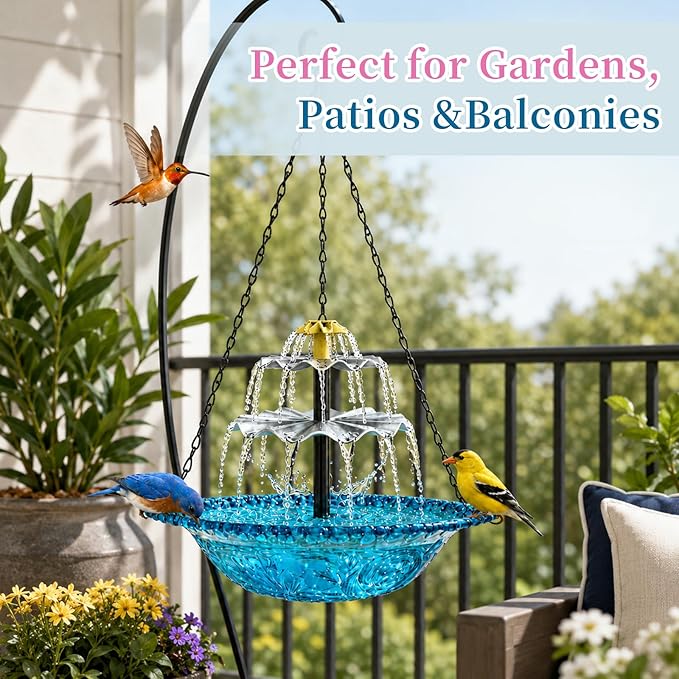 Solar Cascade Hanging Bird Bath Fountain, Large Plastic Bowl with Hanging Chain for Outside Garden Patio and Yard Decor (Blue)