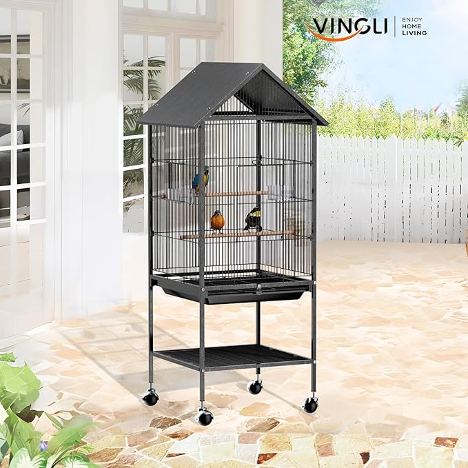 VINGLI Bird Cage, 50 inch Wrought Iron Bird Cage with Handle for Parakeets, Parrot, Lovebirds, Finches, Small/Medium Birds (50" with Wheels)