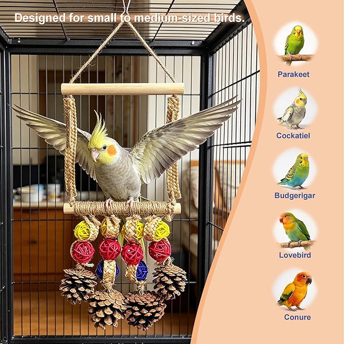 Bird Swing for Cage - Plant Style Parrot Toy with Sisal-Wrapped Perch, Natural Pine Swing with Multiple Plant Strands for Parakeets, Cockatiels, Budgies & Conures