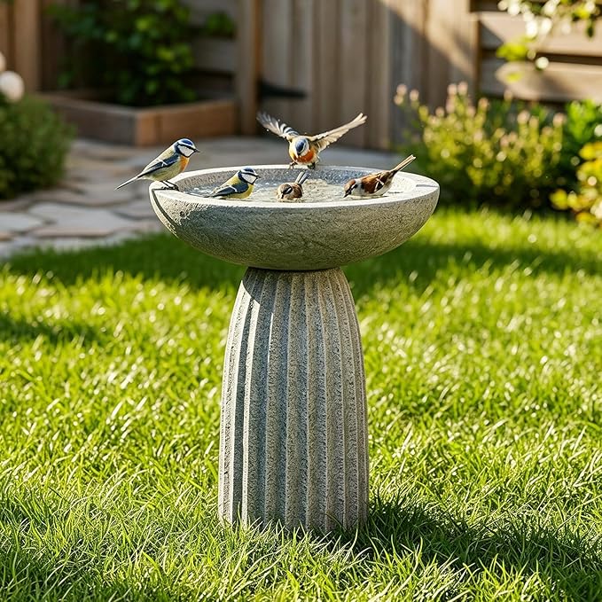 SKYFIRE 24.4" Pedestal Bird Bath for Outdoor, Geometric Fluted Concrete Birdbath with Tree Trunk Decor, Durable Fibre Reinforced Birdbath for Garden, Patio, Lawn & Backyard