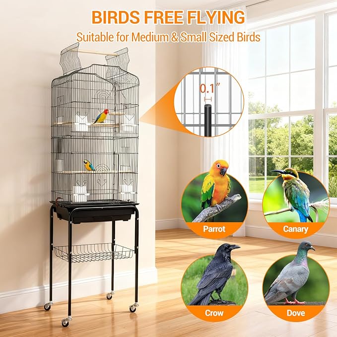 Garvee 64Inch Open Top Bird Cage Rolling Parrot Cage with Detachable Shelf Stand Bird Cage with 4 Feeding Bowls/Side-Out Tray for Cockatiel Cockatoo Parakeet Macaw Finches, Black