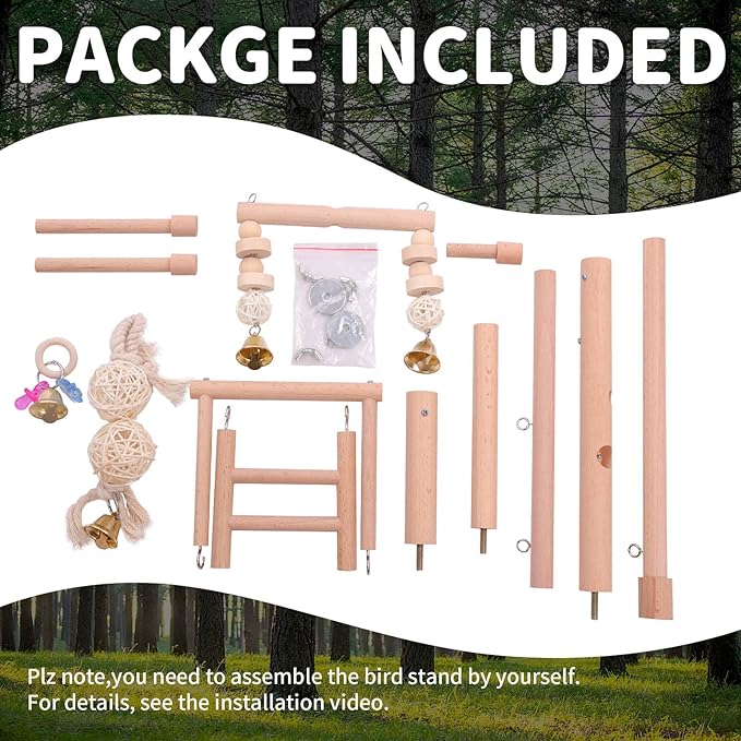 QBLEEV Bird Cage Play Stand Toy Set-Birdcage Wood Stands Hanging Chew Toys Ladder Swing Parrot Perch Play Gym Playground Accessories Activity Center for Conure, Parakeets, Budgie, Cockatiels,Lovebirds