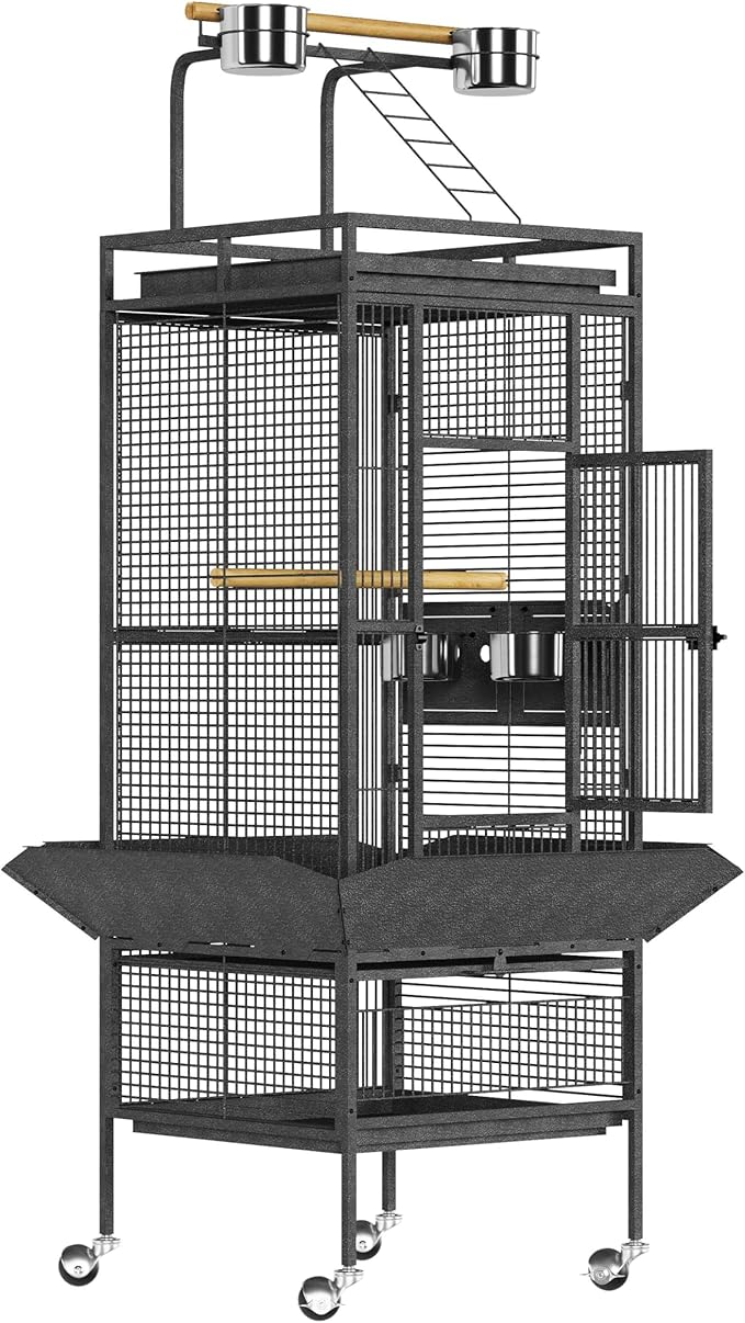 61" Large Bird Cage, Metal Parrot Cage with Play Top, Rolling Stand & Bowls - Bird Aviary for Parrots, Conures, Cockatiels, Parakeets, Indoor Outdoor Aviary for Outside Yard Garden Porch, Black/Silver