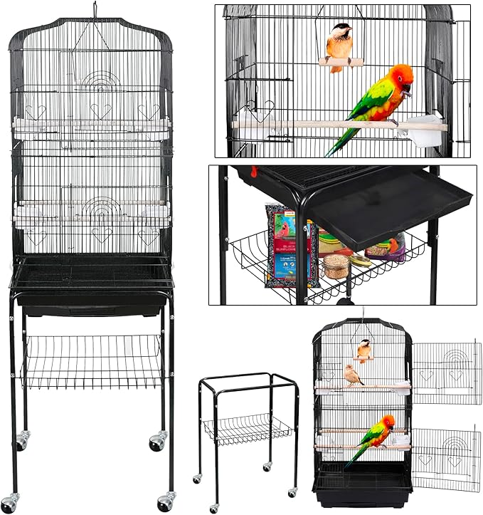 59.3-Inch Bird Cage, Wrought Iron Parrot Cage with Slide-Out Tray, Storage Shelf, Detachable Rolling Stand, Pet Bird House for Parrot Cockatiel Cockatoo Parakeet Macaw Finches