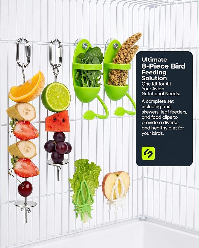 8Pcs Bird Foraging Feeding Kit with Stainless Steel Veggie Fruit Skewers, Plastic Food Clips & Cuttlebone Holders, Hanging Cage Feeder Tools for Parrots Macaws Parakeets Cockatiels Budgies Finches