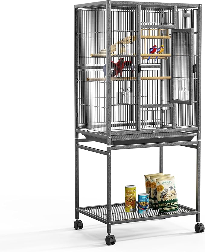 54" Large Bird Cage with Wheels, Durable Wrought Iron Parakeet Cage with Slide Out Tray, Black Bird Cages with Feeding Cups, Wooden Platform, Swing & Perches, for Lovebird, Cockatiels, Budgies